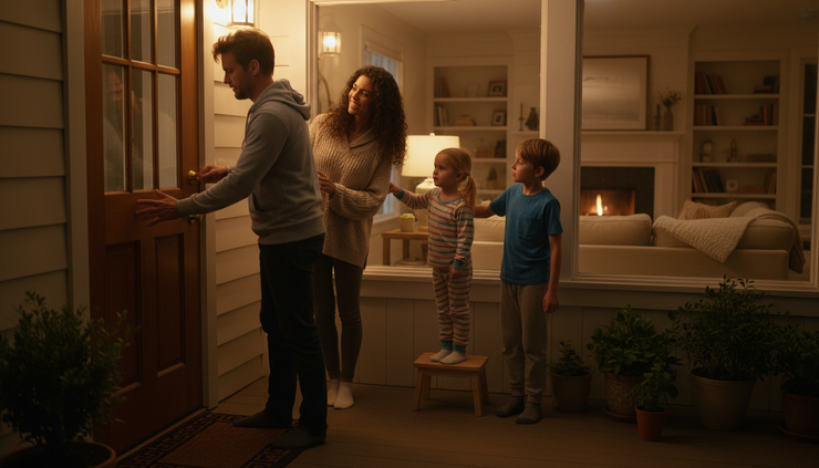 Wide-angle view of a family checking locks and lights before bedtime.