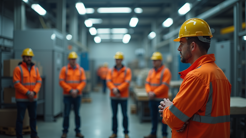 Eye-level view of a safety training session with employees attentively listening
