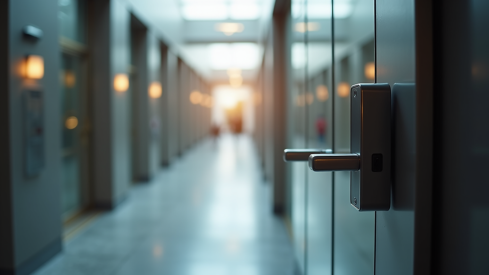 Eye-level view of a secure building entrance with access control system