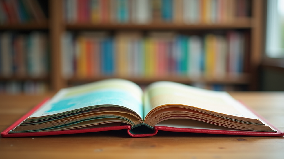 Close-up view of a colorful children's book open on a wooden table