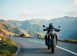 Create a cinematic drone coverage on an action packed film with a motorcycle winding throu