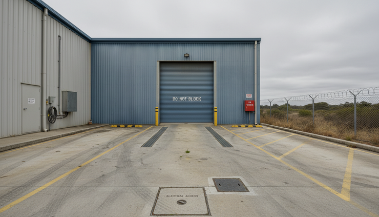 Eye-level view of a loading dock roller door and concrete hardstand at a commercial warehouse