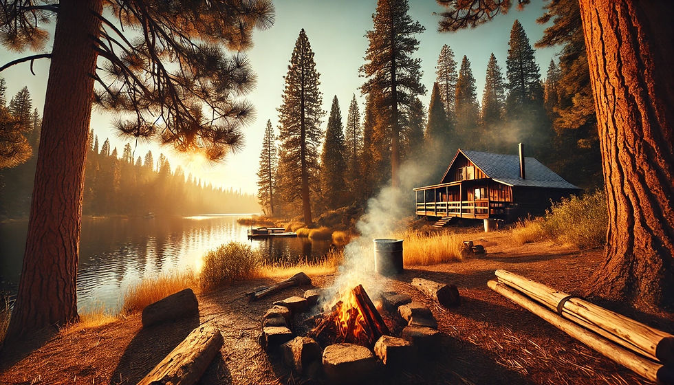 Cabin by lakeside in pine forest at sunset. Campfire with smoke rises in foreground. Warm, serene atmosphere with a dock on the water.