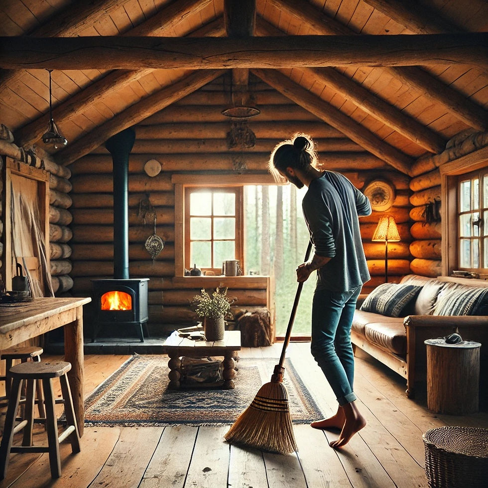 cleaning a rustic cabin, with wooden walls and a cozy atmosphere. The cabin is surrounded by nature, with a fireplace in the background