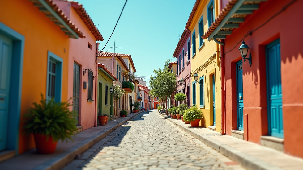 Eye-level view of a quaint street lined with colorful buildings