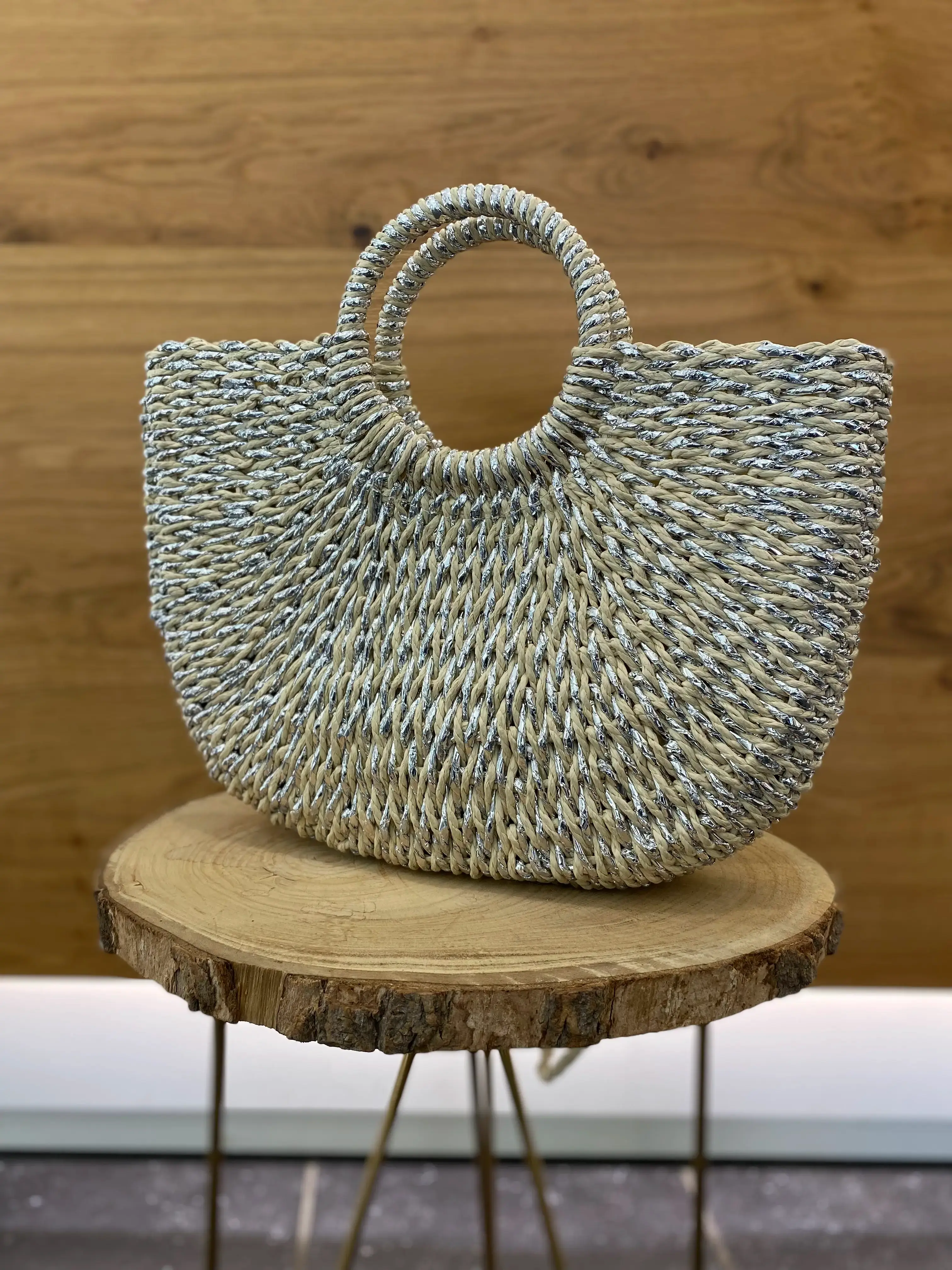 BORSA "PETRA" IN PAGLIA BICOLOR PANNA/SILVER