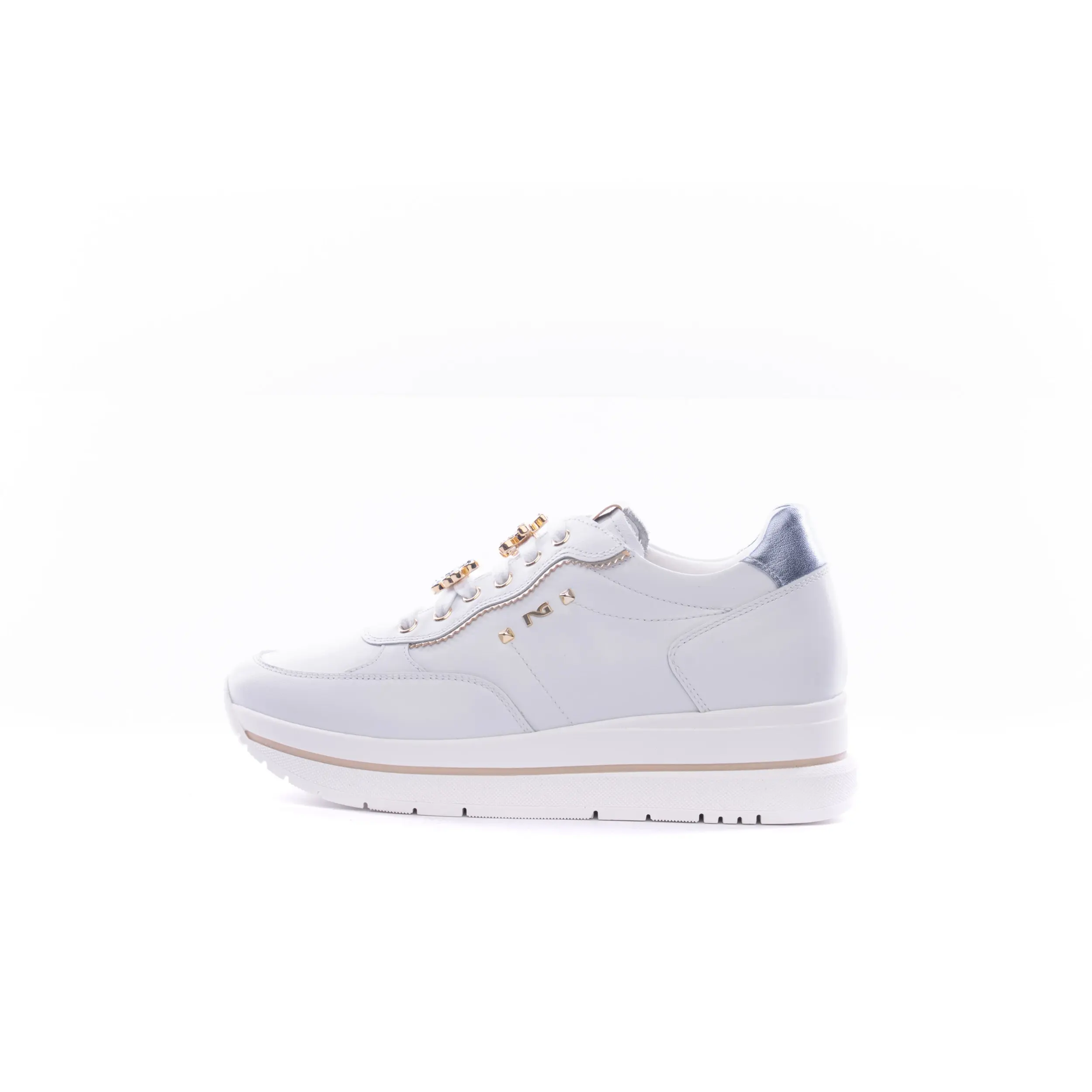 SNEAKERS DONNA NERO GIARDINI IN PELLE BIANCA CON INSERTI CIELO E CHARMS