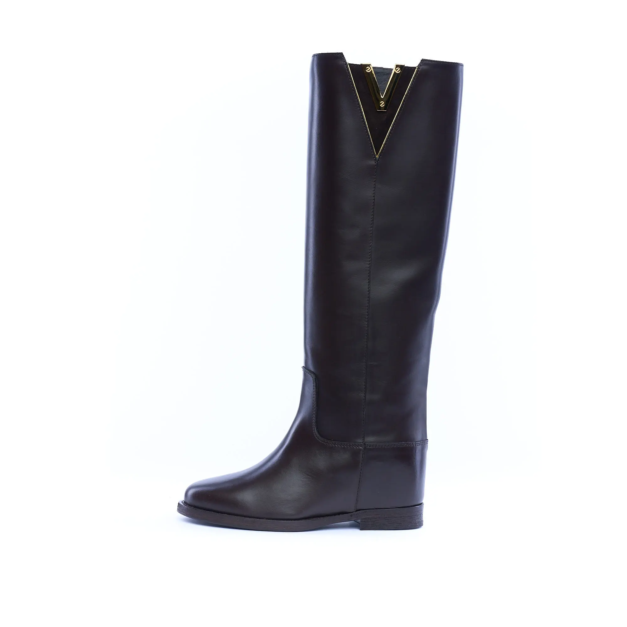 Stivale donna "VIA ROMA 15"  in pelle moro con "V" inserto in suede e rialzo