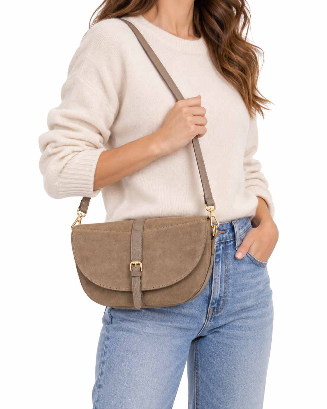 Borsa a tracolla donna "NERO GIARDINI" in camoscio color taupe