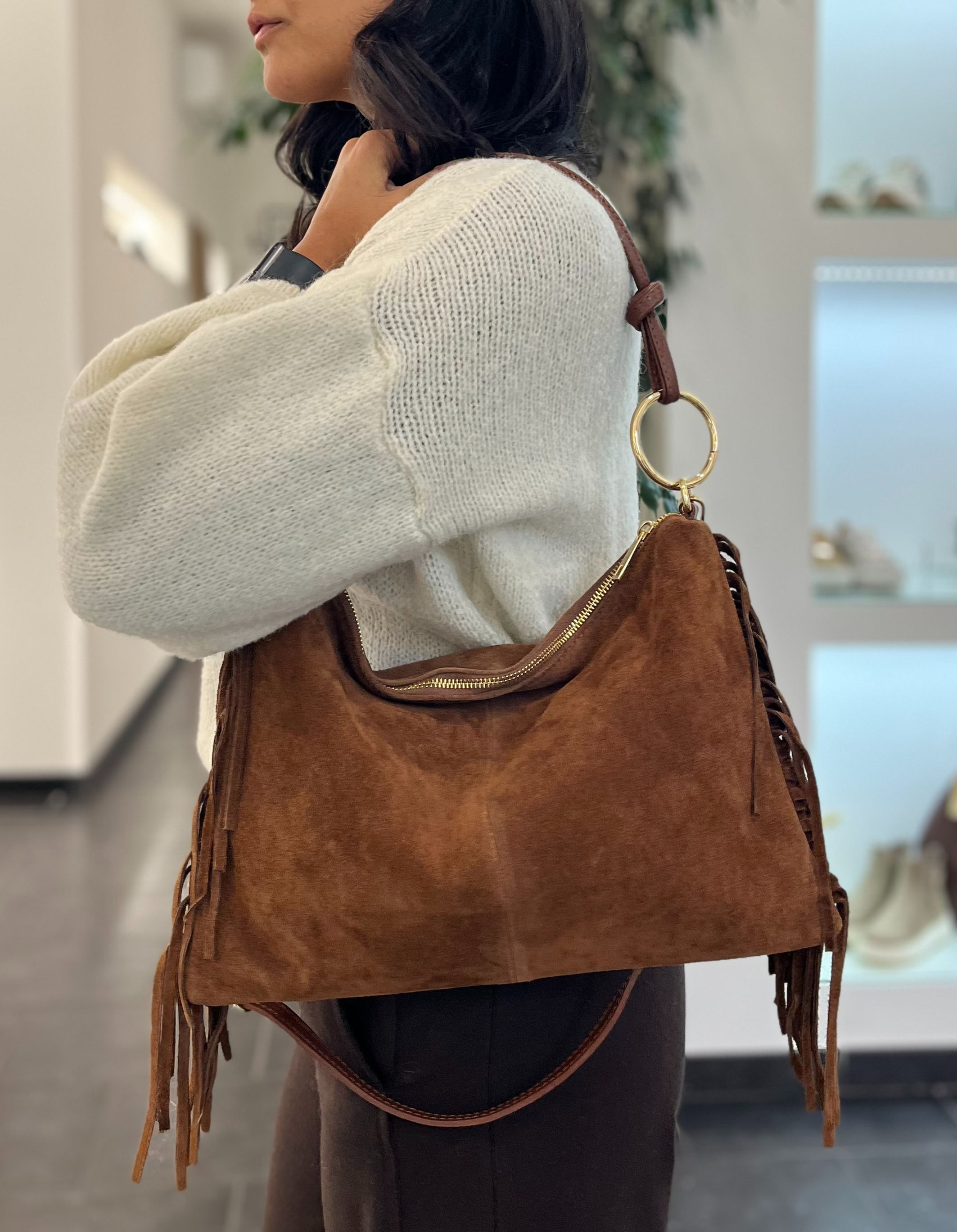 Tracolla donna "LIORA" in suede cioccolato con frange