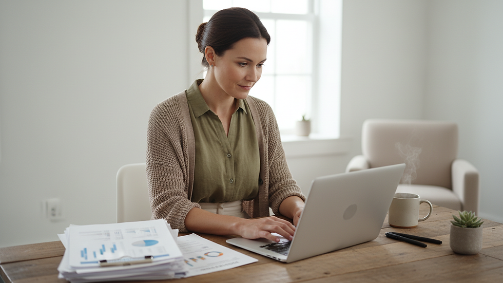 Eye-level view of a bookkeeper working on a laptop with financial reports