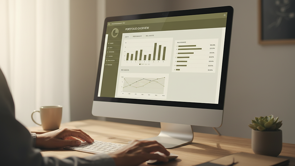 Close-up view of a computer screen displaying financial software dashboard