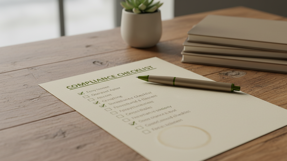 Close-up view of a compliance checklist with a pen on a wooden desk