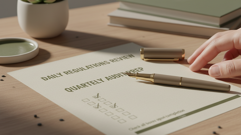 Close-up view of a compliance checklist with a pen on a desk