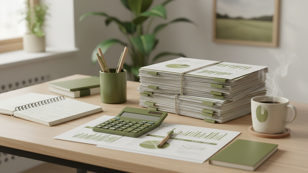Eye-level view of organized office desk with financial documents and calculator