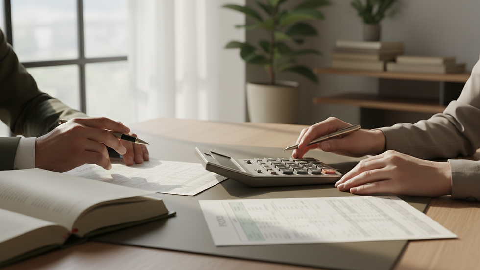 Eye-level view of a business office with payroll documents and calculator