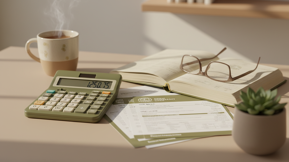 Close-up view of a calculator and financial documents on a desk