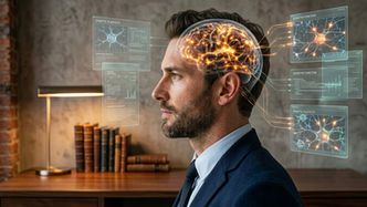 Profile of a man in a suit with glowing brain visuals and data screens. Desk with books and lamp in the background. High-tech ambiance.