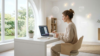 A calm and productive professional working at a minimal white desk in a bright sunlit room with subtle time management elements like clocks and calendars symbolizing productivity and focus.