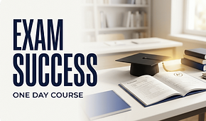 Exam Success one day course for students with books, notes and a graduation cap on a study desk