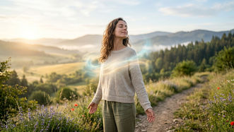 Woman stands peacefully with closed eyes, surrounded by glowing light trails in a lush, mountainous landscape at sunrise. Wildflowers bloom nearby.