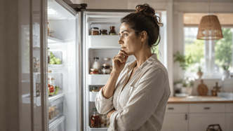 Thoughtful woman in a white shirt stands by an open fridge in a bright kitchen, hand on chin, looking inside.