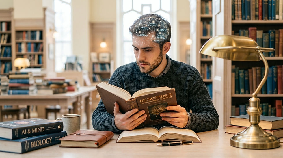 Man reading Neuroscience in a warm library, with AI & Mind and Biology books and a glowing brain overlay on his forehead