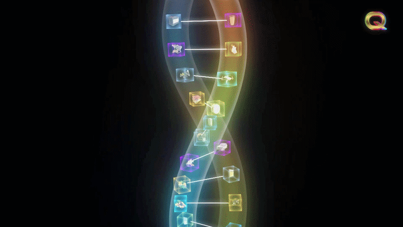 Glowing DNA helix with illuminated boxes representing all life possibilities within your DNA for Quantumnaire workshop participants seeking transformation and unlimited potential