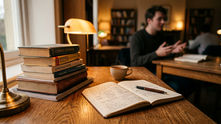 Stack of language books labeled German Grammar and Spanish Dictionary beside open notes; blurred man talks in a cozy library.