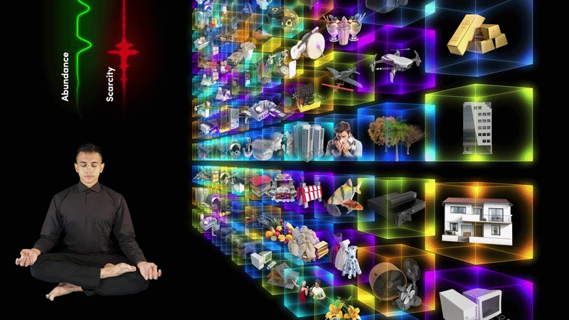 Person meditating with 888Hz frequency surrounded by colorful abundance mosaic representing Quantumnaire's quantum intelligence teachings