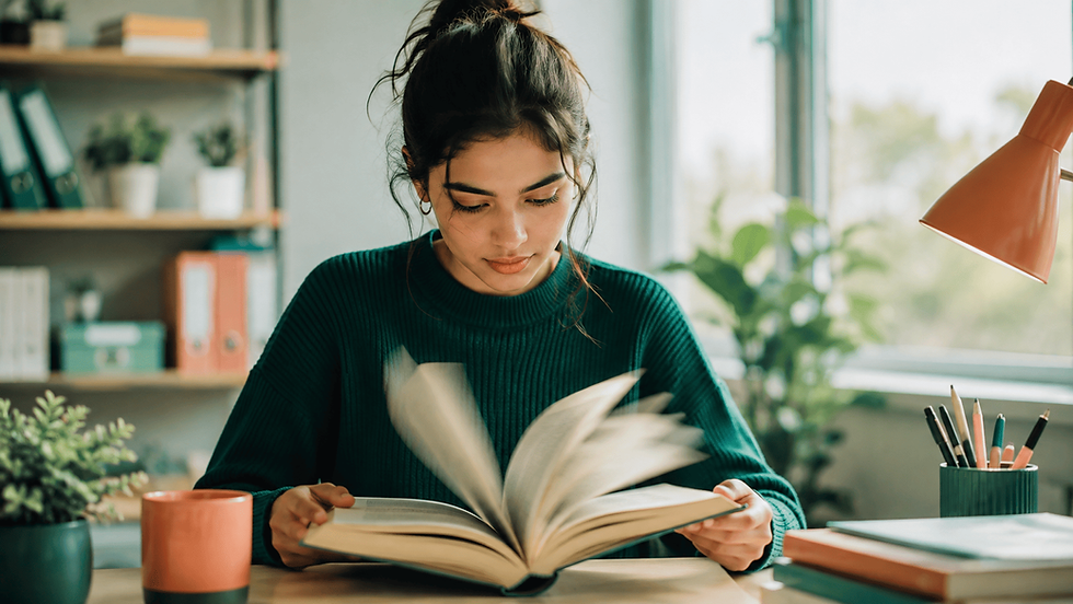 Young woman in a cozy study flips through a large book at a desk, with books, pencils, plants, and warm lamp light nearby.