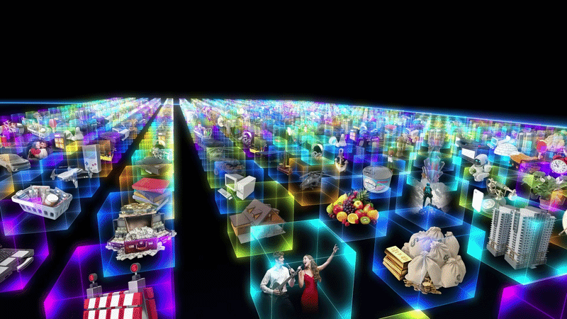 Neon glowing DNA structure with colorful light beams and connected people representing human potential and quantum possibilities at Quantumnaire Futuristic Learning