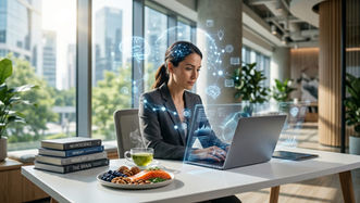 A woman in a modern office works on a laptop with digital graphics. Books and healthy snacks are on the desk. Bright and focused mood.