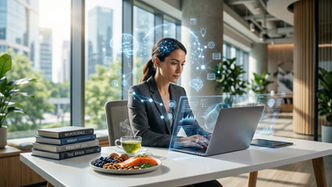A woman in a modern office works on a laptop with digital graphics. Books and healthy snacks are on the desk. Bright and focused mood.