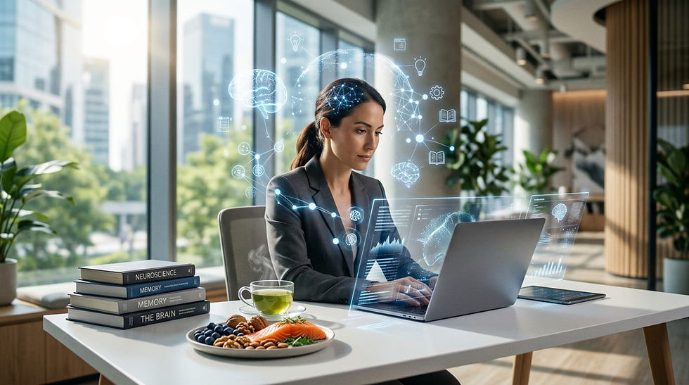 A woman in a modern office works on a laptop with digital graphics. Books and healthy snacks are on the desk. Bright and focused mood.