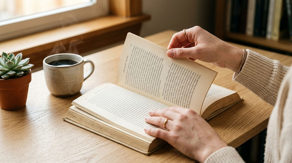 Hands turn a page in an open book beside a steaming mug and small succulent on a sunlit wooden table, cozy reading scene.