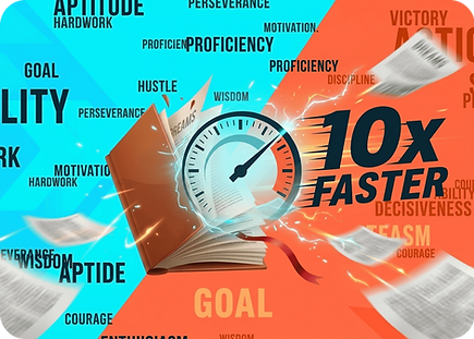 Open book with a speedometer showing 10x faster, representing an online speed reading mastery course to read faster and improve comprehension.