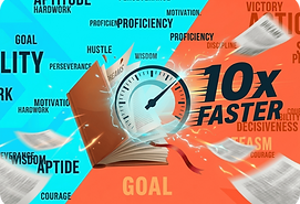 Open book with a speedometer showing 10x faster, representing an online speed reading mastery course to read faster and improve comprehension.