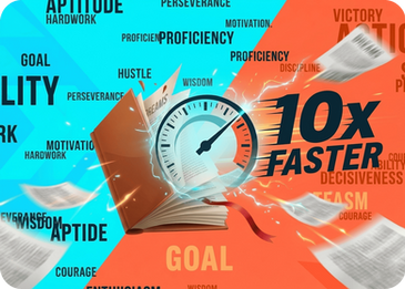 Open book with a speedometer showing 10x faster, representing an online speed reading mastery course to read faster and improve comprehension.