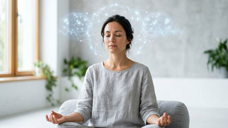 Woman meditating with eyes closed in a bright room, with glowing brain graphics above her head and plants behind.