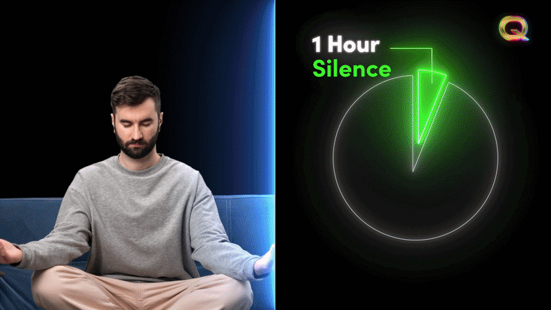 Man in silence with colorful thought bubbles contrasting with neon clock showing 1 hour silence vs 23 hours distractions representing Quantumnaire's quantum consciousness practice