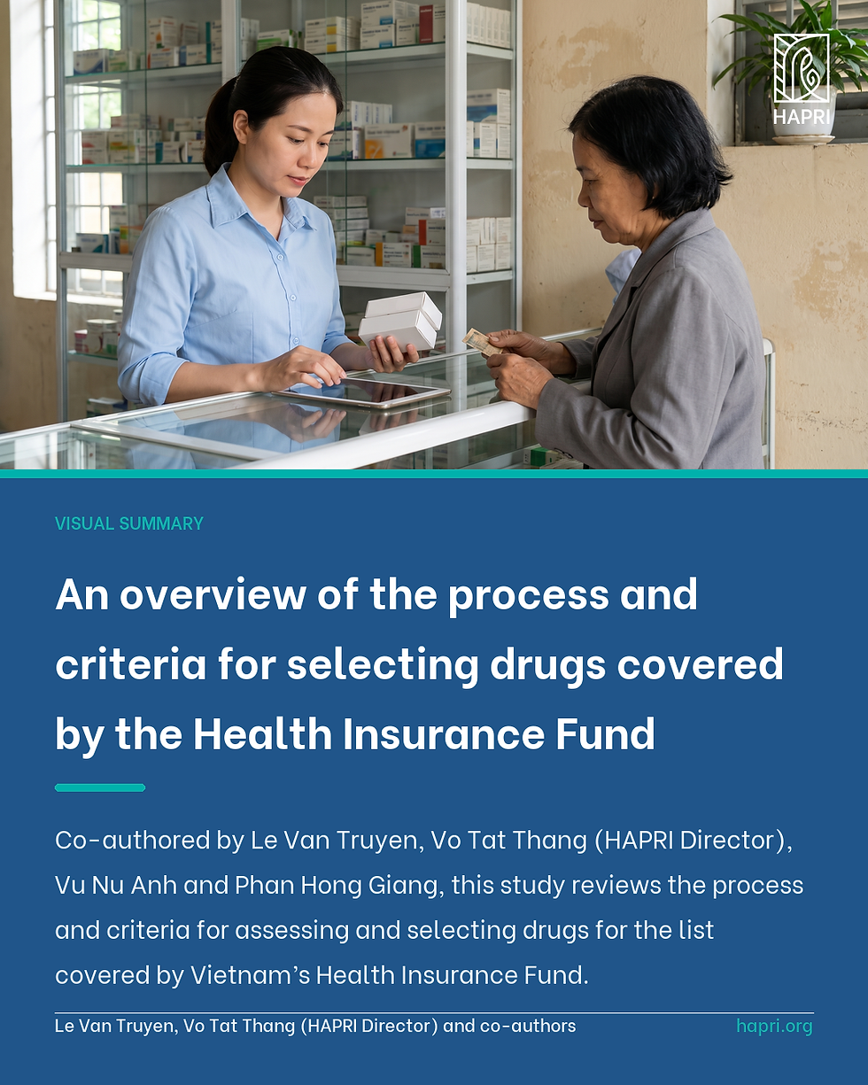 Illustrative photograph: in a Vietnamese hospital pharmacy, a pharmacist checks boxed medicines against a tablet at a dispensing window while an older woman waits at the counter. Shelves of medicines are out of focus behind them.