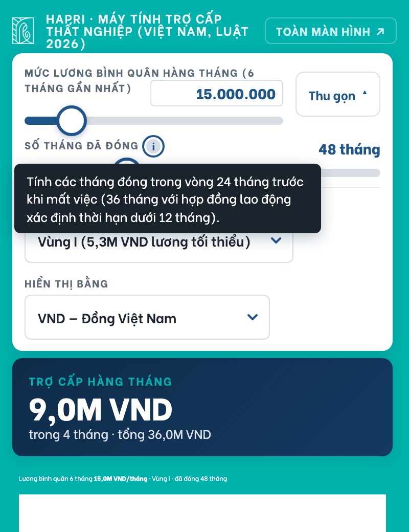 Công cụ tính trợ cấp thất nghiệp với cửa sổ thông tin giải thích cách tính số tháng đã đóng