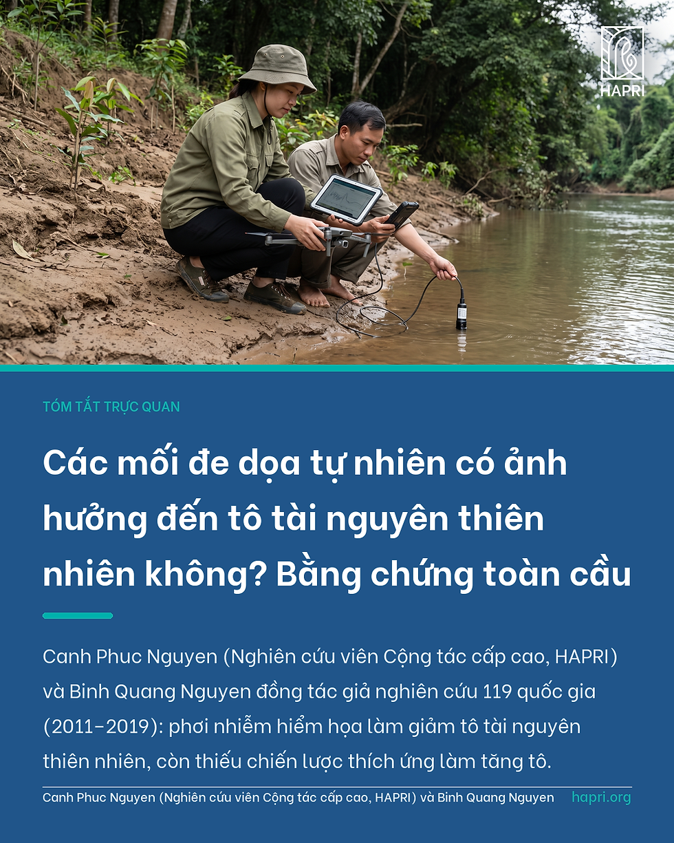 Hai kỹ thuật viên môi trường làm việc bên bờ sông có rừng. Một người điều khiển drone khảo sát nhỏ bay trên đoạn bờ bị xói lở. Người kia xem số đo từ cảm biến mực nước cầm tay trên máy tính bảng. Có thể thấy vệt phù sa của đợt nước lên gần đây và hàng cây non mới trồng dưới tán rừng dày.