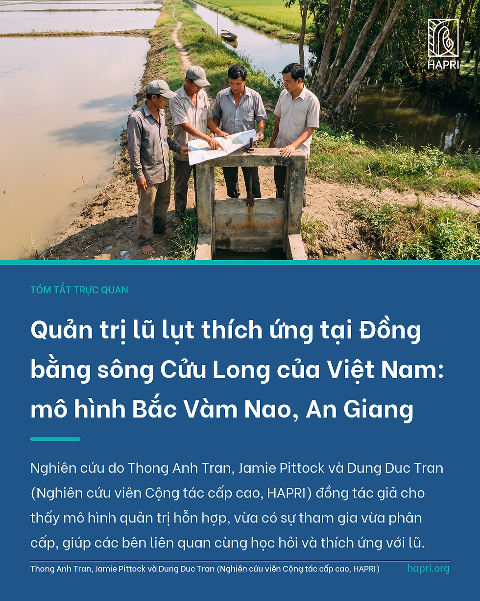Ảnh minh họa: nông dân và một cán bộ thủy lợi địa phương trao đổi bên tấm bản đồ trên bờ đê đất cạnh cống. Một bên là ruộng lúa ngập nước lũ, bên kia là cánh đồng xanh và con kênh có chiếc thuyền nhỏ ở Đồng bằng sông Cửu Long.