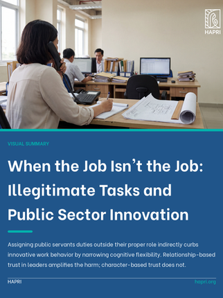 When the Job Isn't the Job: Illegitimate Tasks and Public Sector Innovation. Assigning public servants duties outside their proper role indirectly curbs innovative work behavior by narrowing cognitive flexibility. Relationship-based trust in leaders amplifies the harm; character-based trust does not. HAPRI. Photograph of a Vietnamese urban planning officer at a government office desk, taking a phone call and jotting notes while a site plan lies pushed aside, with colleagues working in the soft-focus background.