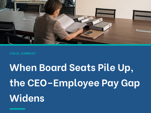 When Board Seats Pile Up, the CEO–Employee Pay Gap Widens. Across 1500 large U.S. firms from 2011 to 2023, directors who hold many board seats are linked to a wider gap between CEO and employee pay. The link is strongest when the busy directors are outsiders, the people meant to provide independent oversight. HAPRI · International Review of Economics & Finance. Photorealistic illustration: a Vietnamese board member reads through a stack of board binders at a boardroom table while employees work at their desks beyond a glass wall.