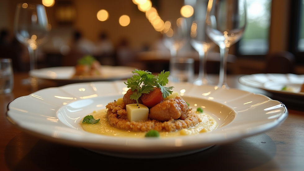 Eye-level view of a beautifully plated dish in a restaurant setting