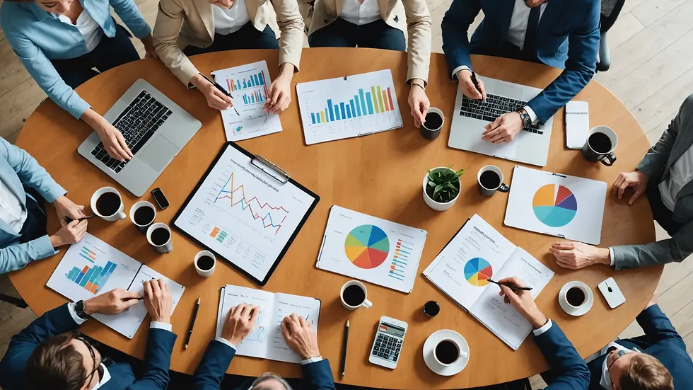 High angle view of a marketing strategy meeting with growth charts