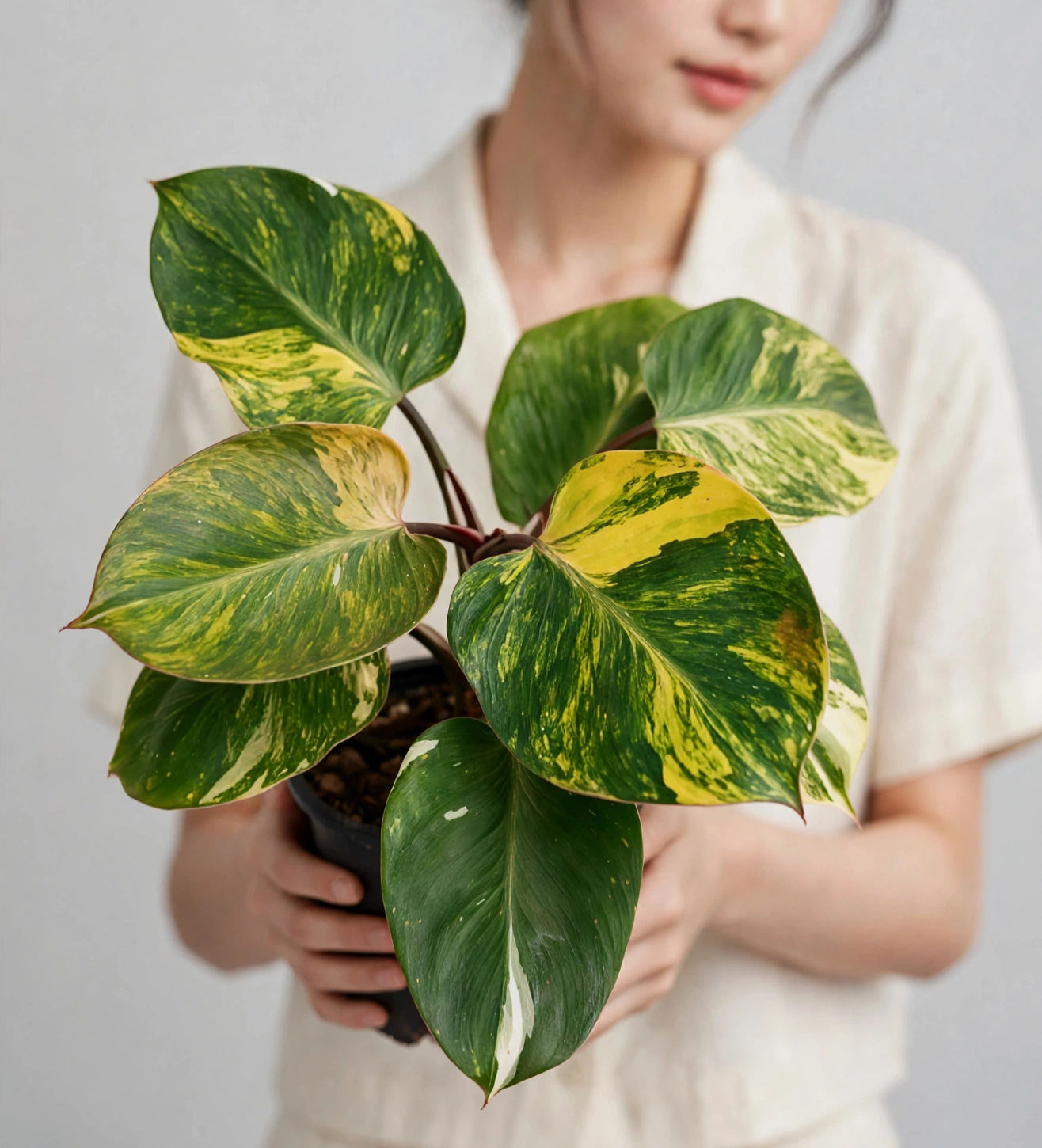 Philodendron erubescens Skittles with green, yellow, and cream variegated leaves held in a pot